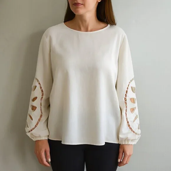 Adrianna Papell Blouse Women's Cream Crewneck Cutout Sleeve L NWT - Picture 1 of 7